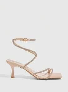 CUCCOO SZL Sandalias de tacón alto de stiletto con puntera cuadrada, correas con rhinestones y satén de champán, de moda para ir al trabajo, citas, fiestas y vacaciones