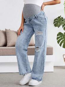 SHEIN Maternity Jeans Casual Loose Distressed Straight Leg Pants With Contrast Waistband, Thicken Thermal Lined, Blue - Blue - View 1