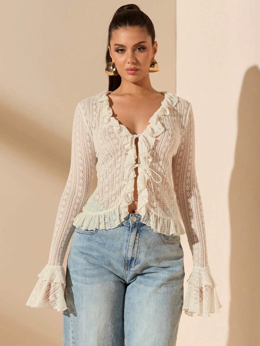 SHEIN BAE Áo cánh ren đơn giản buộc dây tay dài viền bèo nhún màu mơ gợi cảm ngọt ngào cho nữ, thích hợp cho mùa xuân, mùa hè, ngày lễ tình nhân, tiệc tùng, hẹn hò, phù dâu, đi làm hàng ngày, sinh nhật - Màu be - Xem 1