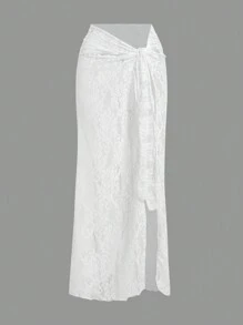 Opulessa Women  White Solid Color Knit Swimsuit With Knotted Waist Coverup & Mini Skirt For Summer Beach Vacation, Sarong, Elegant Style For Women,For Autumn And Winter