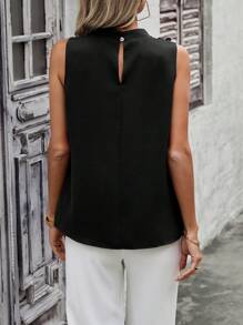 SHEIN Clasi 女士纯色领口无袖简约上衣，休闲日常穿着 - 黑色 - 查看 2