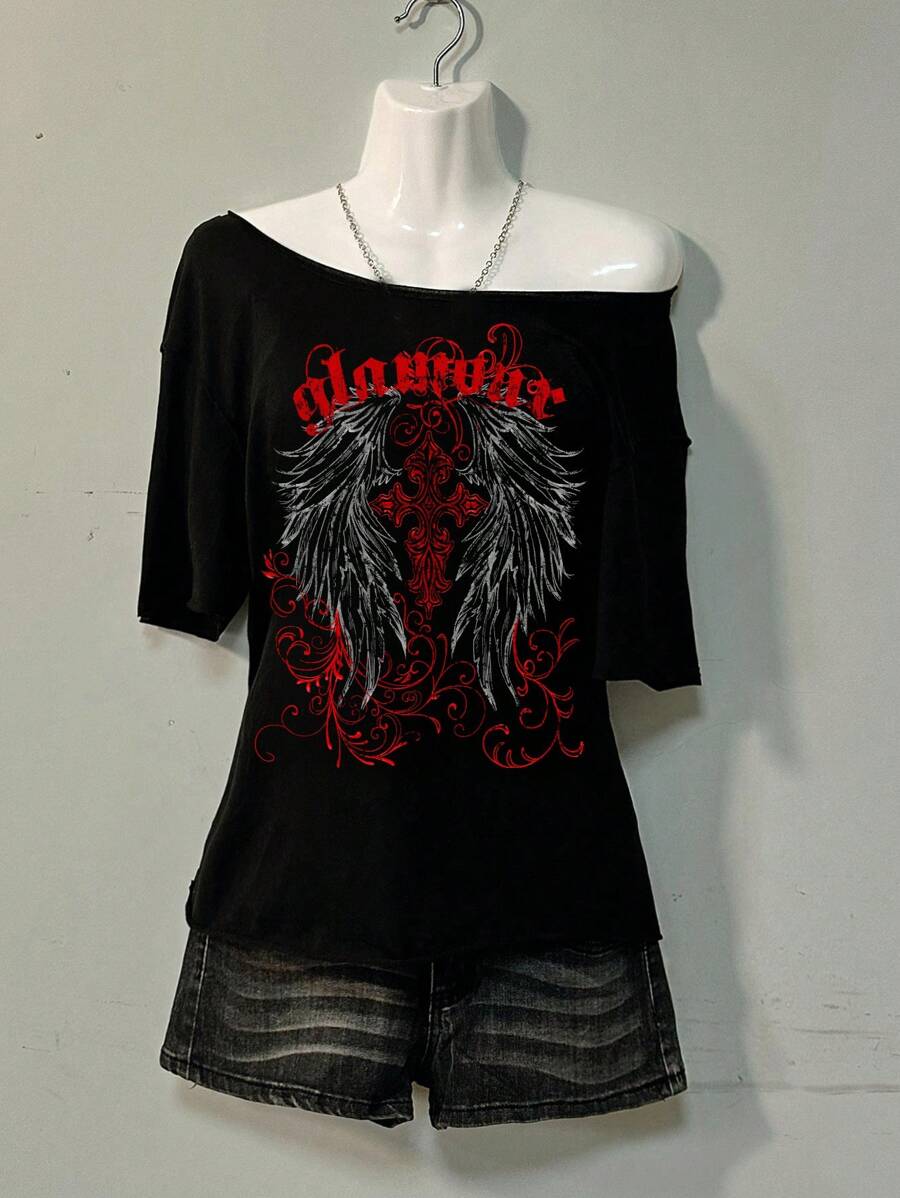 Attitoon 休闲简约翼与配英文文字落肩女式T恤，适合夏季