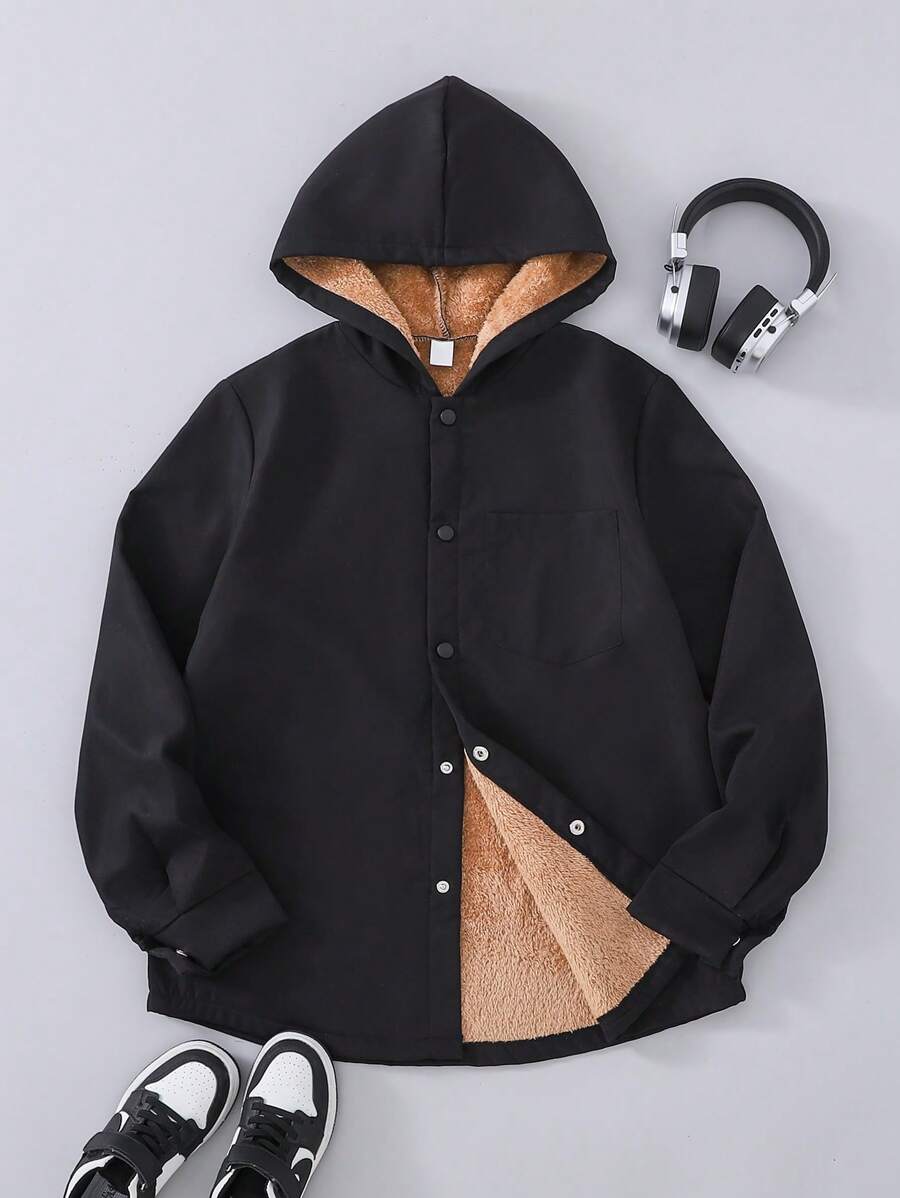 SHEIN Explorewe Teenage Boys' Thermal Lined Hooded Jacket, Thickened Composite Warm Coat For Autumn/Winter - Black - View 1
