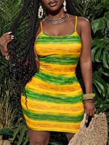 Slaydiva Spring/Summer New Women Casual Sleeveless Backless Rainbow Gradient Striped Mini Dress, Suitable For Music Festival, Easter, Western Style, Nomadic Style, Birthday Party, Graduation, Student Wear, Daily Outing, Beach, Cruise Travel, Sunbathing - Multicolor - View 1