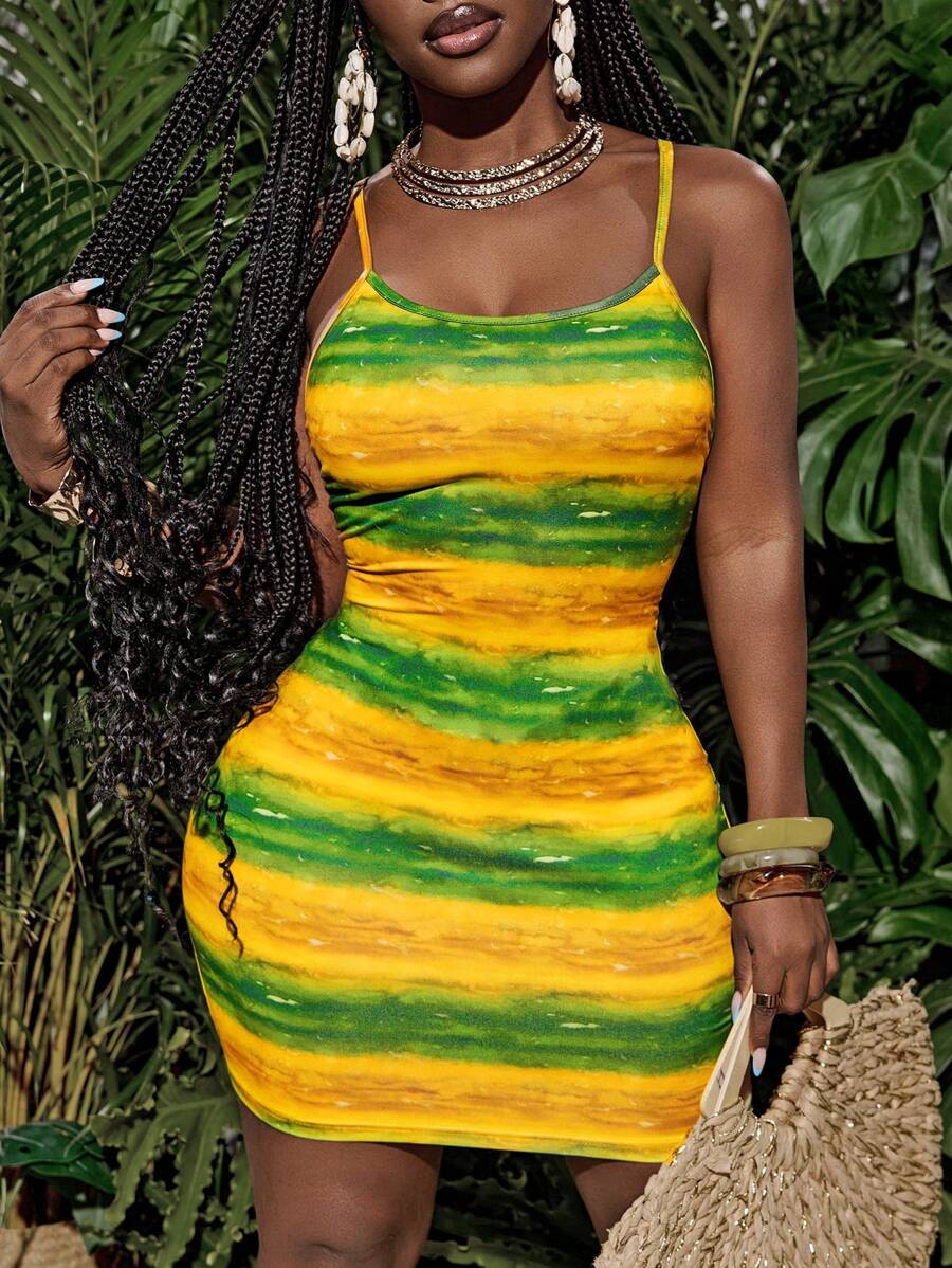 Slaydiva Spring/Summer New Women Casual Sleeveless Backless Rainbow Gradient Striped Mini Dress, Suitable For Music Festival, Easter, Western Style, Nomadic Style, Birthday Party, Graduation, Student Wear, Daily Outing, Beach, Cruise Travel, Sunbathing - Multicolor - View 1