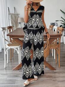 Breezaya 波西米亚风格度假无袖短款上衣和裤子两件套女装 - 黑色 - 查看 3