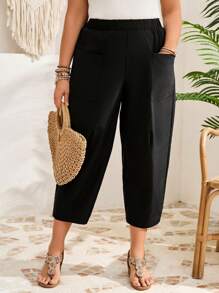 EMERY ROSE Plus Size Women's Solid Pocket Tapered Casual Capri Pants,Vacation Outfits Woman,Summer Clothes
