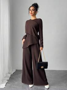 Modelyn 女士简约休闲衬衫和裤子套装 2 件套