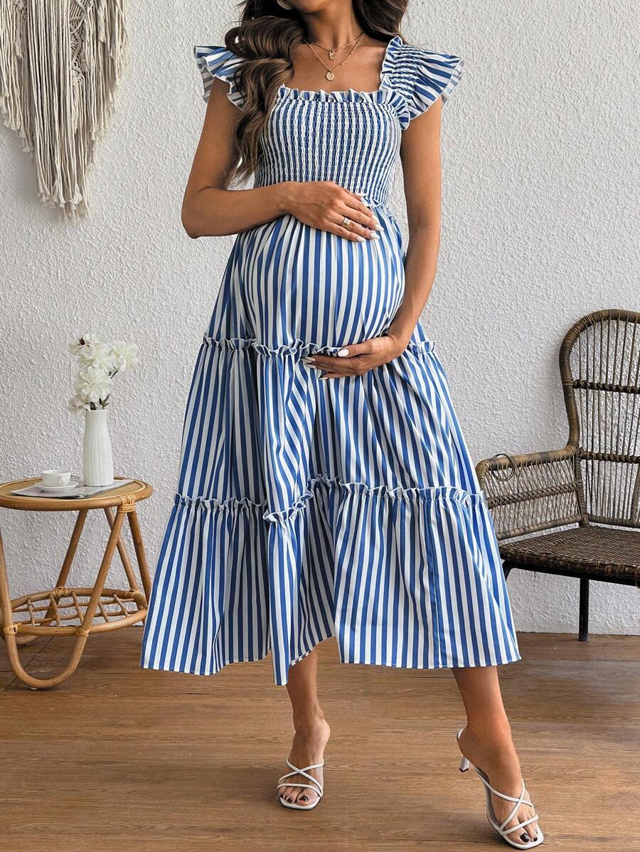 SHEIN 孕妇条纹方领盖袖荷叶边休闲孕妇装 - 藍白色 - 查看 1