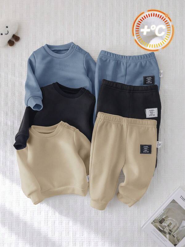 SHEIN 6pcs Newborn Baby Boy/Girl All-Match Solid Color Round Neck Pullover Sweatshirt Sweatshirt And Pants Set, Casual, Suitable For Home And Outdoor, Autumn/Winter