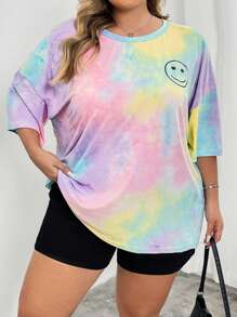 SHEIN CURVE+ Women's Tie Dye Printed Round Neck Short Sleeved T-Shirt In Plus Size For Summer - Multicolor - View 6