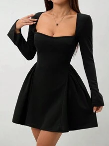 SHEIN PETITE Vestido casual de mujer con cuello cuadrado y cordón a la cintura, adecuado para otoño - Negro - Ver 4