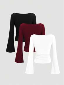 Sweetra Camiseta de mujer casual de unicolor con cuello barco y mangas de campana, para otoño