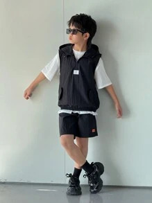 SHEIN 3 件套青少年男孩休闲背心、T 恤和短裤 - 黑色 - 查看 5