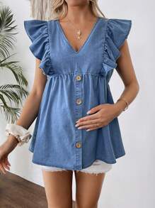SHEIN Pregnant Women Blue Denim V-Neck Ruffle Cap Sleeve Top,Blue,Suitable For Parties, Holidays, Dates, Valentine's Day, Afternoon Tea, Summer / Summer Outfits / Summer Clothes,Year-Round,For Spring/Summer Holiday,Suitable For Summer,Blue Summer,Vacation Outfits Woman,Easter,Spring,Western,Office Outfits For Women,Rave Outfits,Baby Shower,Cottagecore,Country Outfits Women, Chic,Women Elegant,Beach ,Graduation,Vacation,Easter Mom/Mother/ Mommy/Mother's Day/Mama/Mum/Mother's Day Gift