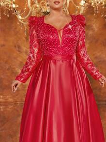 Glamrae Vestido de noche elegante y lujoso de talla grande con bordados y rhinestones, con una combinación de satén y tela roma. - Burdeos - Ver 4