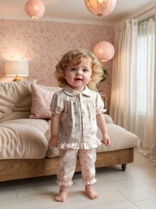 SHEIN Set de 2 piezas de pijama informal para niñas bebé con top de manga corta con botones y estampado de mariposa en color albaricoque, y pantalones - Albaricoque - Ver 4