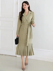 DAZY 1 pièce Robe à manches longues à col cranté double boutonnage de couleur unie pour femme, style urbain, volant