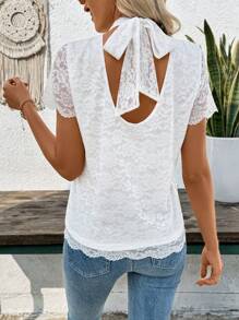 SHEIN LUNE Women's White Elegant Lace Tie-Back Casual T-Shirt - Black - View 5