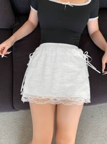 DAZY Falda acampanada de encaje con parches y lazo para mujer - Blanco - Ver 3