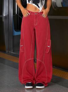 SHEIN ICON Pantalones holgados de carga de mezclilla roja vintage americanos para mujer