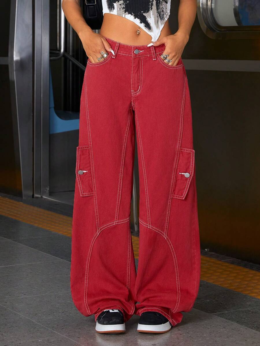 SHEIN ICON Pantalones holgados de carga de mezclilla roja vintage americanos para mujer