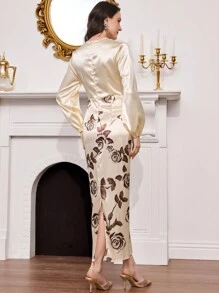 Modelyn 女式紧身性感长袖花卉拼布紧身连衣裙 - 杏色 - 查看 2