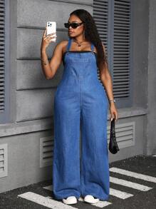 Slaydiva Plus Size Blue Denim Jumpsuit, Sexy Slim-Fit Bib Overall