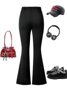 SHEIN Explorewe Teen Girl Black Flared Pants With Print - Black - View 2