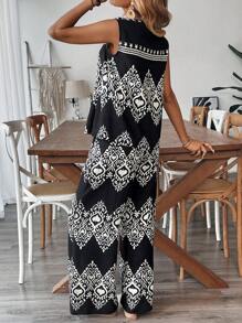 Breezaya 波西米亚风格度假无袖短款上衣和裤子两件套女装 - 黑色 - 查看 2