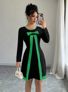 Elenzga Women's Crew Neck Long Sleeve Mini Dress With Bow Decor