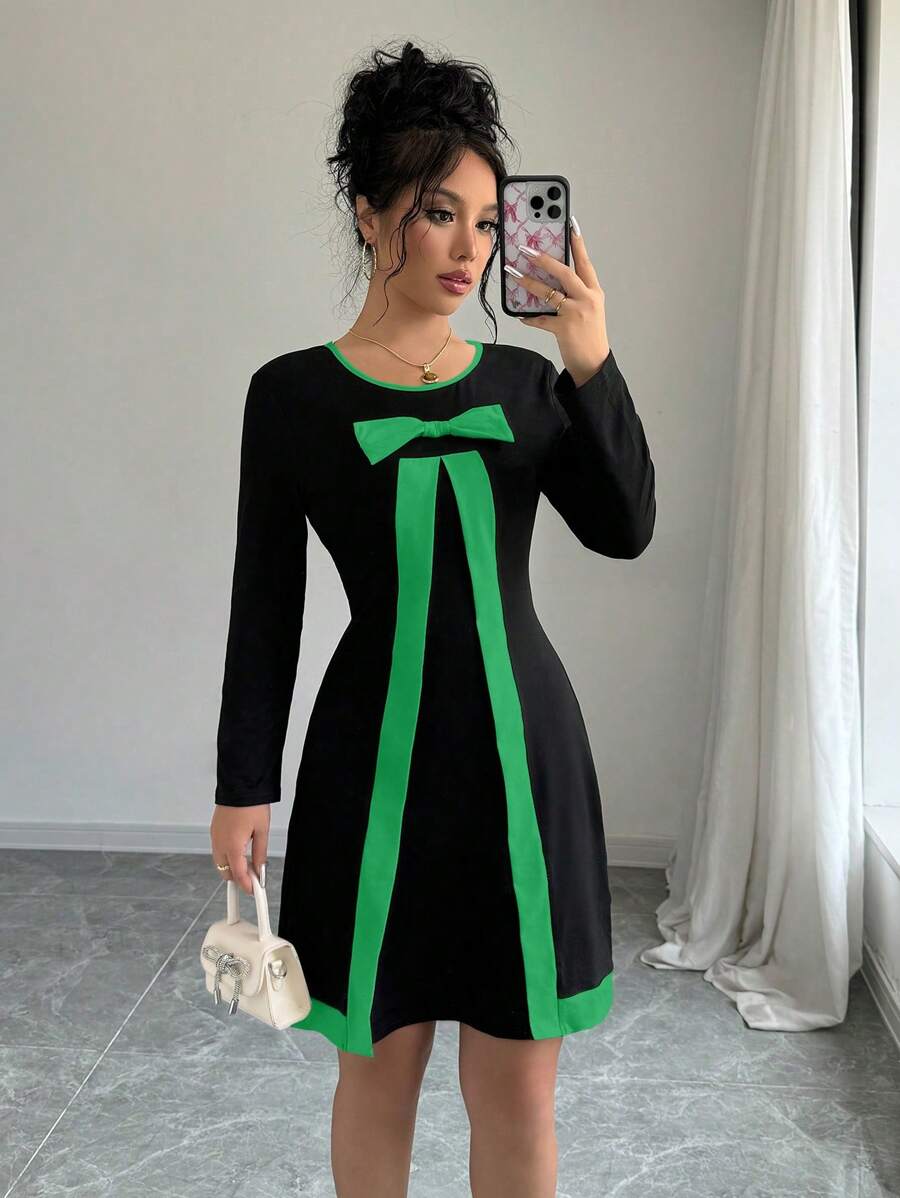 Elenzga Women's Crew Neck Long Sleeve Mini Dress With Bow Decor