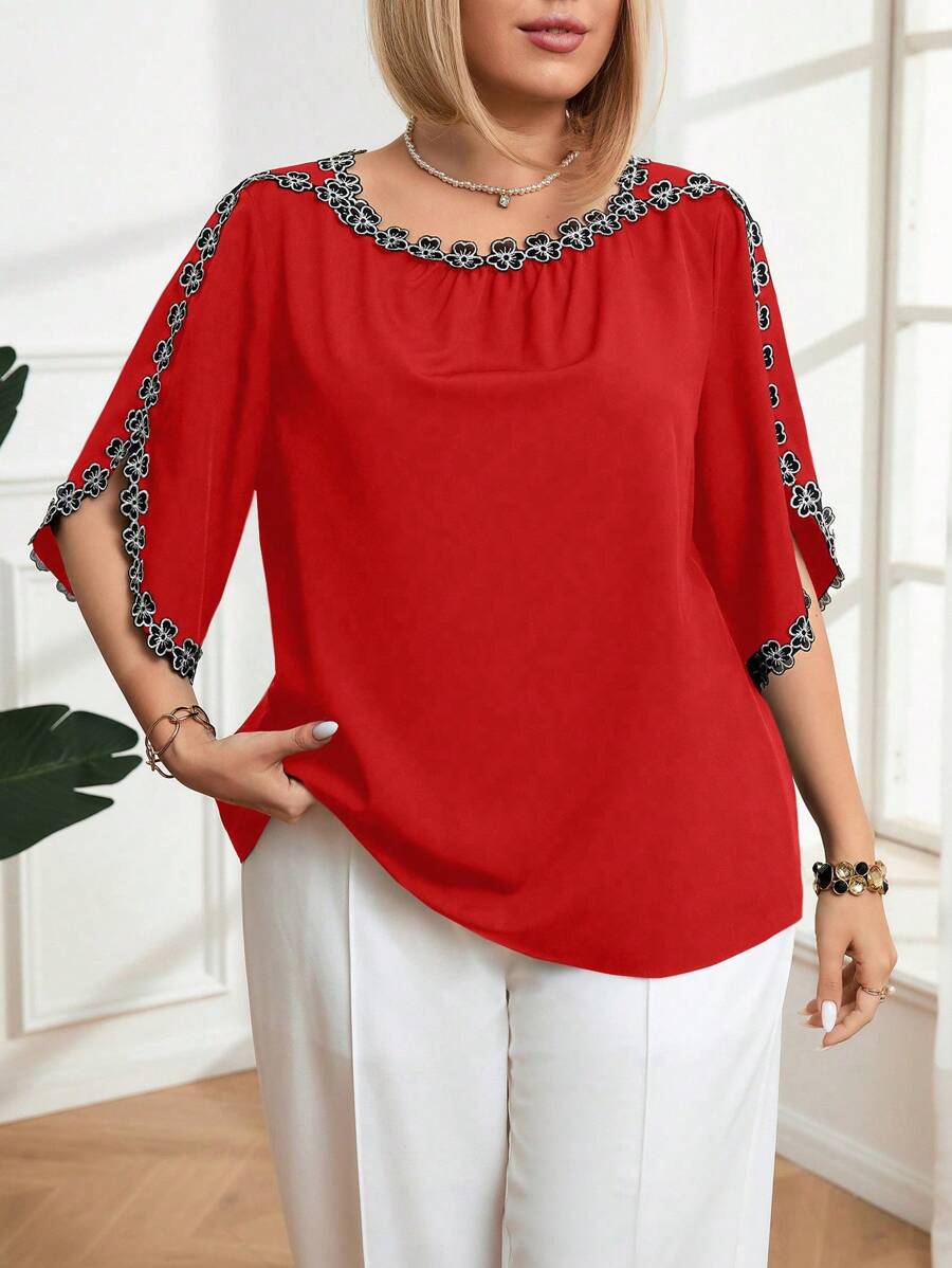 Plus Size Summer Contrast Trim Casual Top, For Everyday Wear - Redwood - View 1