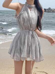 DAZY Chemise de plage en mousseline de soie ample sans manches avec col pour femme, gris, printemps/été - Gris - Voir 9