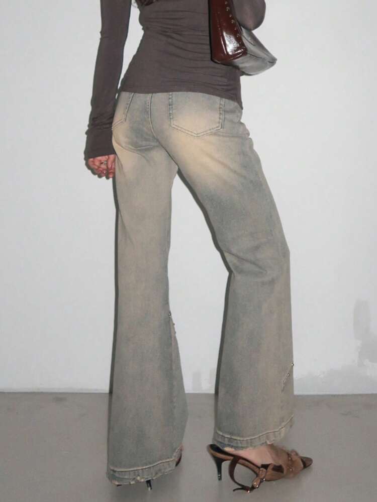 Women's Vintage Wash Distressed Flared Jeans, All Season