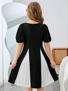 Vestido modesto sin mangas de niña preadolescente con bloqueo de color y parches elegantes