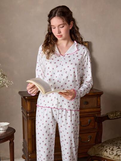 Teen Girl Ditsy Floral Print Contrast Binding PJ Set