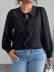 Flirla 大码 V 领主教袖系带黑色衬衫