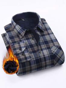 Manfinity Mode Camisa casual de manga larga con un solo abotonado y forrada térmicamente de unicolor para hombre, apta para otoño/invierno