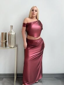 SHEIN SXY 大码女式性感优雅露肩系带上衣和紧身裙深酒红色 PU 两件套，适合日常穿着、约会之夜、生日、单身派对装、派对、舞会、情侣约会、优雅、休闲、购物、街头穿着、户外、性感、易于搭配且看起来苗条，凸显您的身材，衬托您的身材 - 酒紅色 - 查看 5
