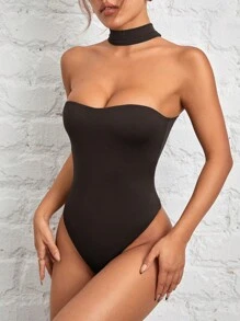 SHEIN PETITE Women's Halterneck Reversible Black Bodysuit