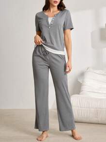 Lazeform Conjunto informal de top de manga corta con bloques de color en escote en V y pantalones para mujer, atuendo de estar en casa