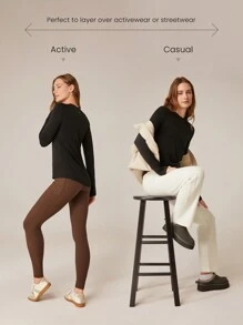 GLOWMODE Áo thun cơ bản dài tay Wram Elevate Slim Fit dáng ôm vừa vặn với hông có lỗ xỏ ngón tay cái tập luyện Yoga hàng ngày - màu đen - Xem 3
