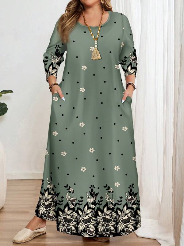 Mellowie Floral Print Plus Size Crew Neck Long Sleeve Dress, Suitable For Autumn/Winter Chic Dress