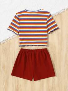 Tween Girls Casual Striped Crew Neck Short Sleeve Top With Mini Skirt 2 Pieces Set