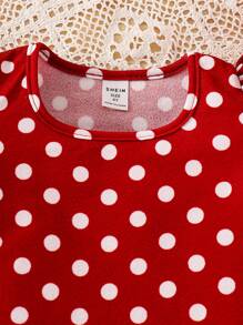 年轻女孩针织圆点方领休闲贴身 T 恤 - 紅色 - 查看 5