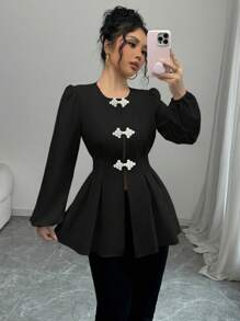 Elenzga 长袖镂空中国结系腰长衬衫 - 黑色 - 查看 3