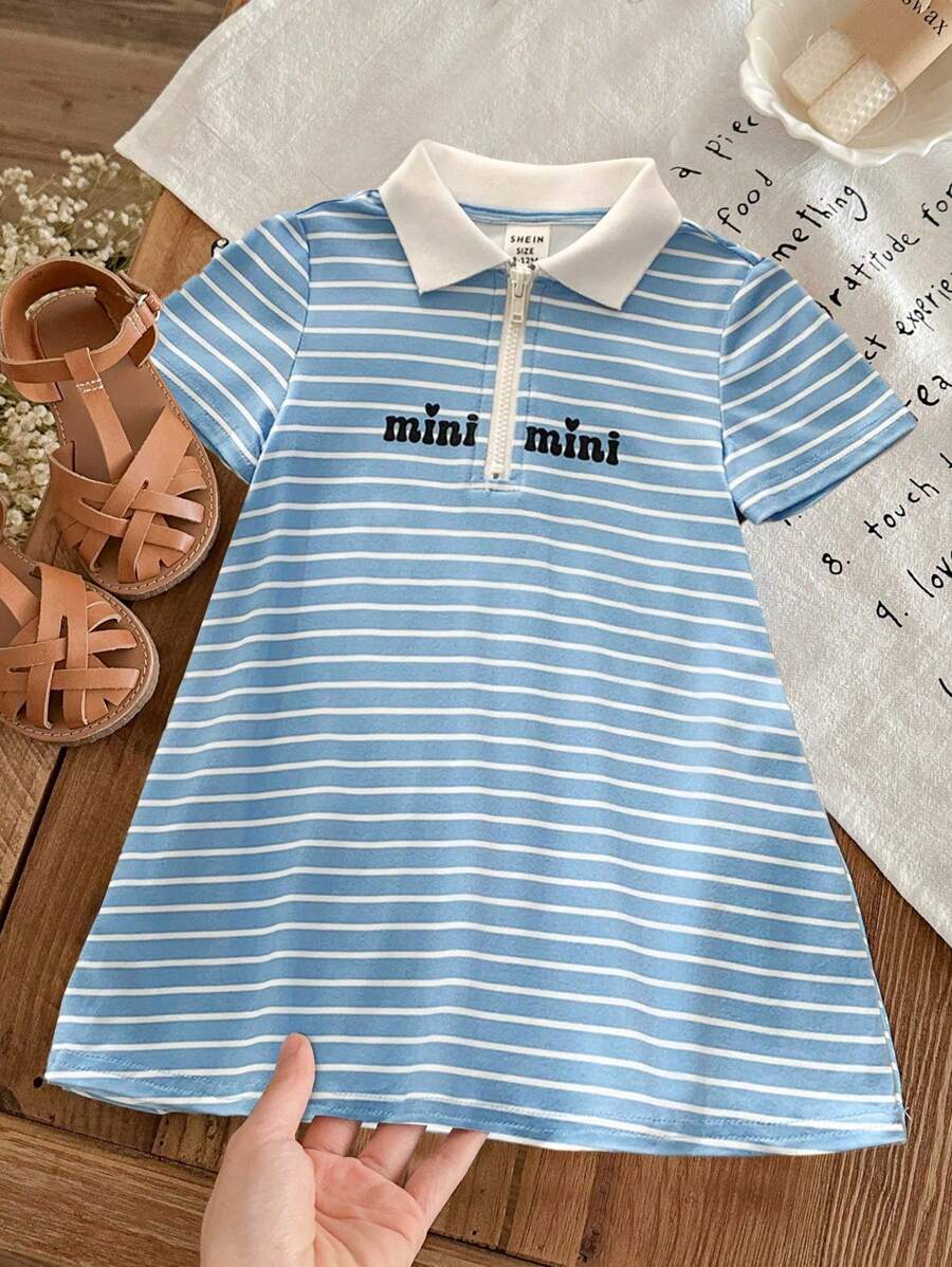 SHEIN LMoss Kids 女宝宝夏季可爱针织条纹高领短袖连衣裙 - 藍色 - 查看 1