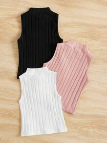 SHEIN Leap Crew 3 件套：年轻女孩时尚优雅立领针织宽松罗纹背心 - 白色 - 查看 2