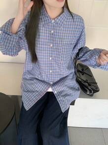 DAZY 女士格子休闲长袖纽扣前开襟简约衬衫夏季、秋季服装、法兰绒女装 - 藍色 - 查看 10